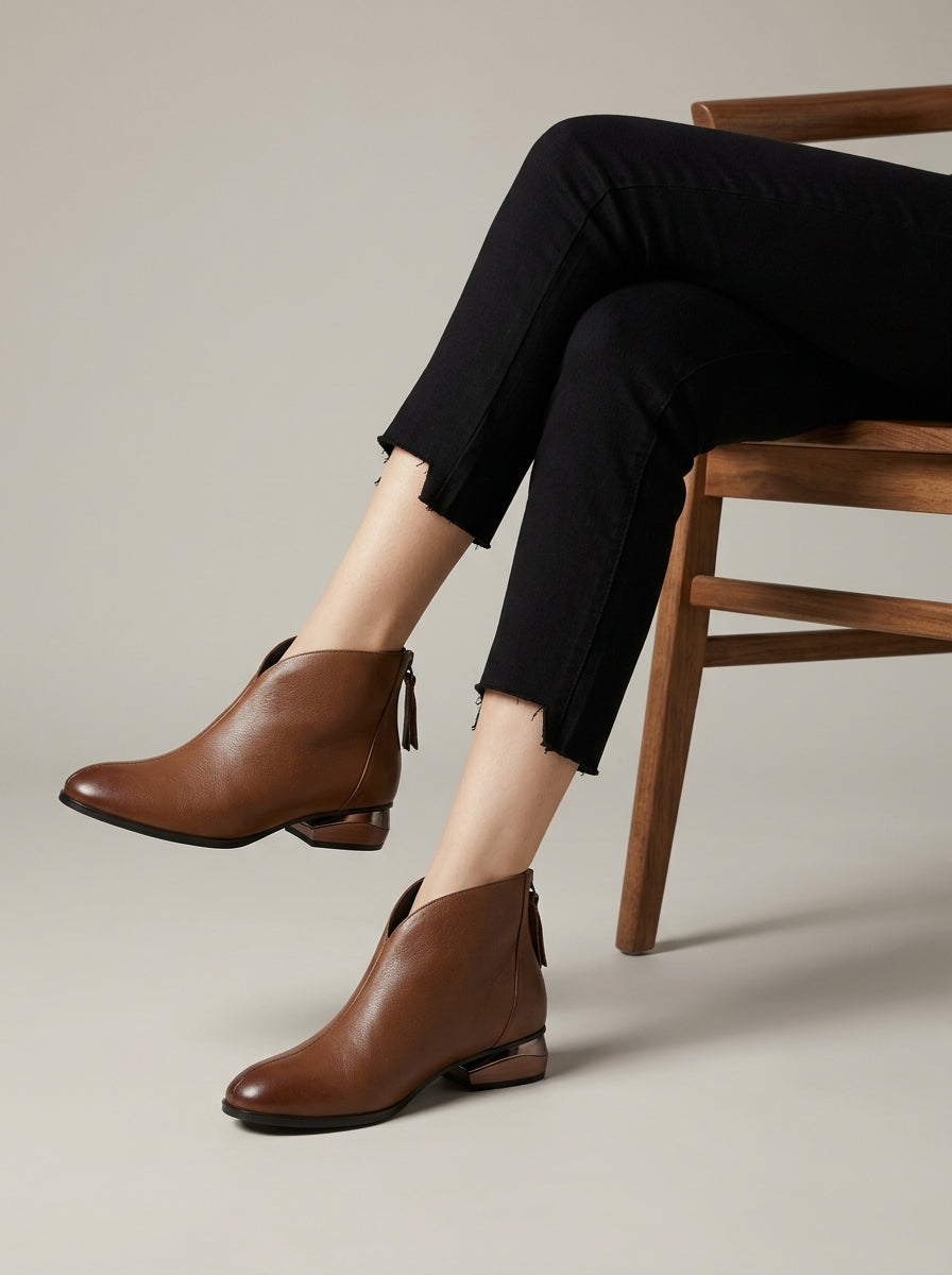 Women's Ankle Boots with V-Cut Topline and Metallic Heel Trim