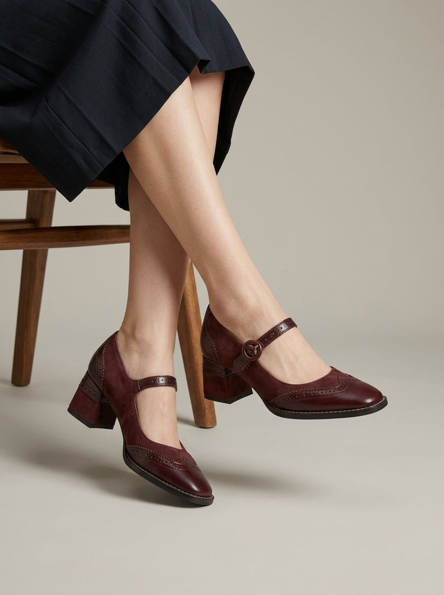 Women's Mary Jane Heels Square Toe - Brogue Perforated - Block Heel