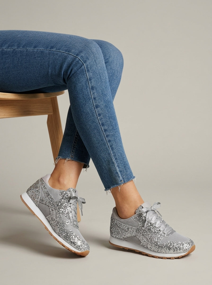 Women’s Sparkly Glitter Lace Up Sneakers Mesh Panel