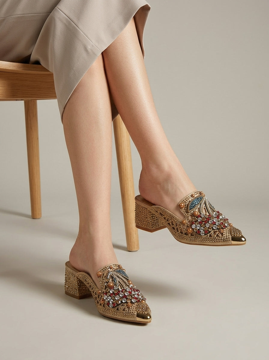 Women's Block Heels Pointed Toe Crystal Cherry Embellished Mules