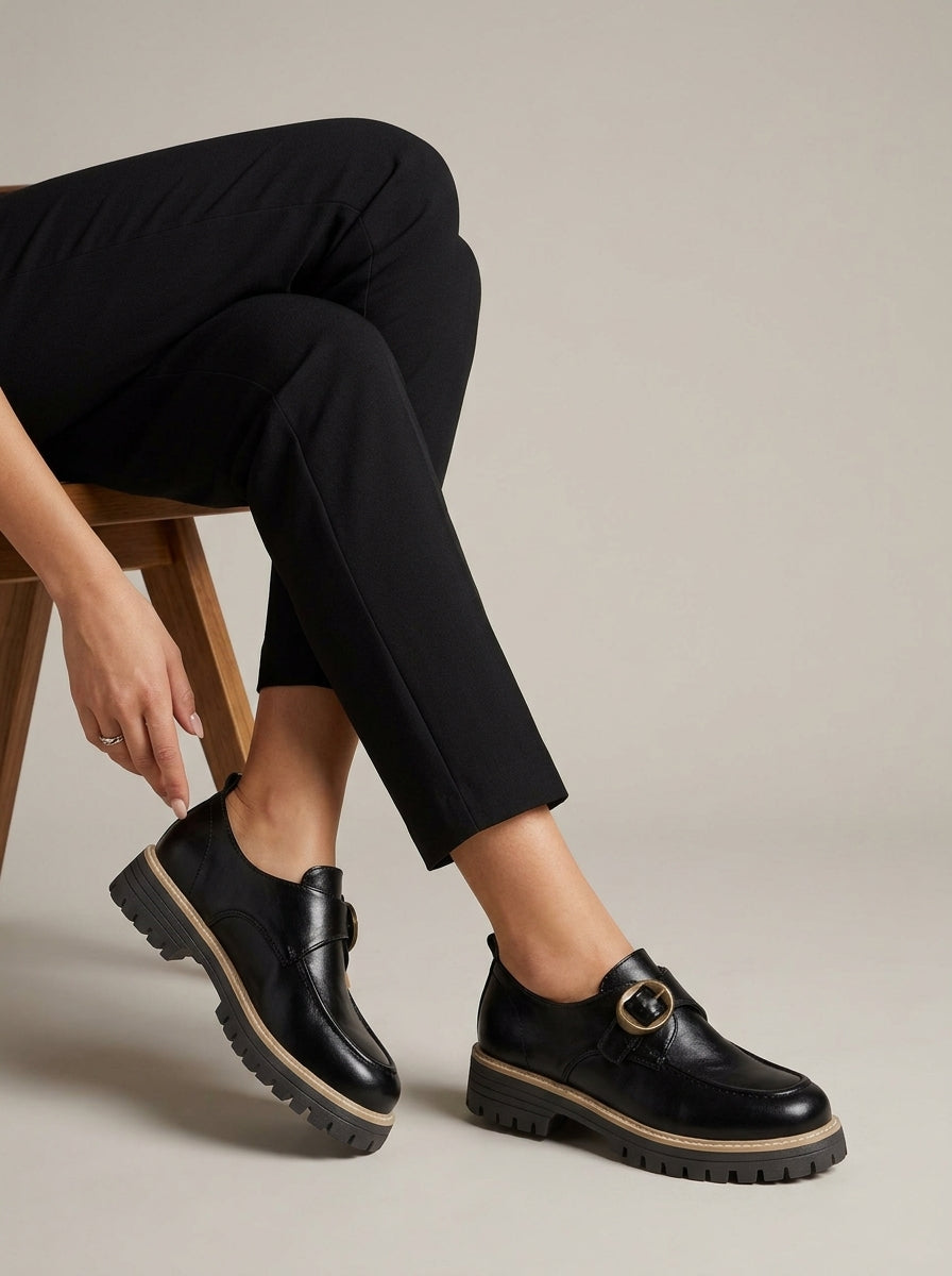 Women's Loafers - Slip-On - Buckle Detail - Lug Sole - Penny Loafers