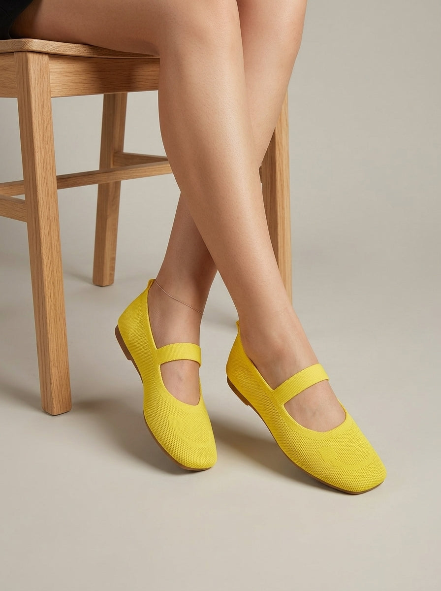 Women's Flats Square Toe Knit Upper Elastic Mary Jane Strap
