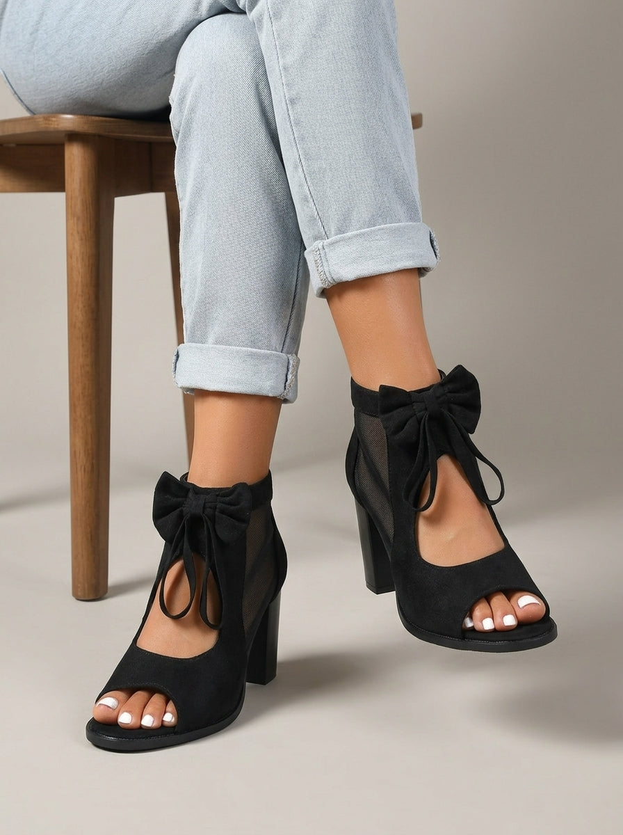 Women's Block Heels Bow-Tie Ankle Strap - Open-Toe Cutout Sides