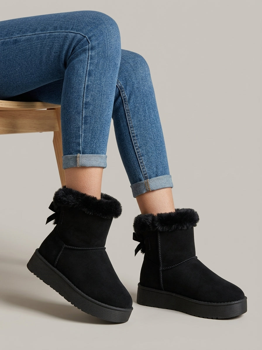 Women's Ankle Boots Platform Faux Fur Trim Ribbon Bow Pull-On