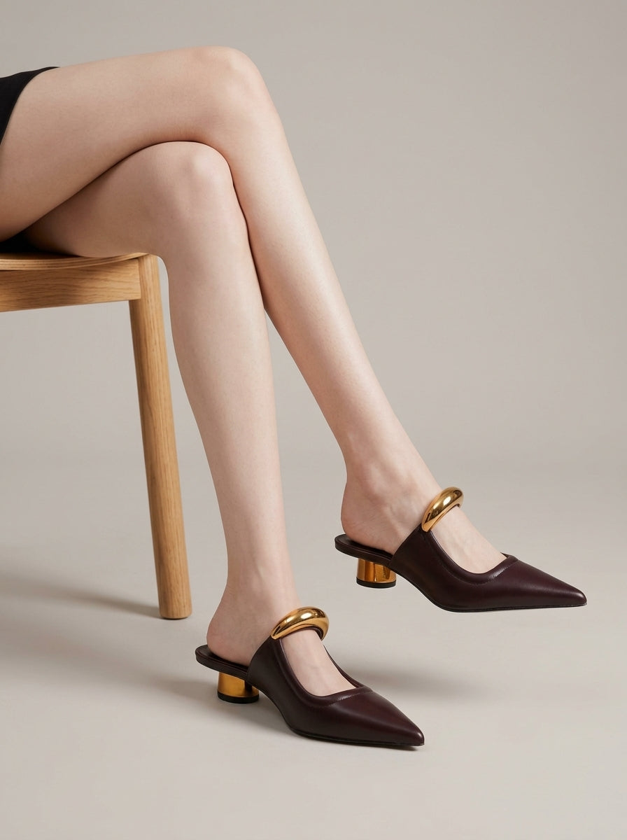Women's Mule Low Cylinder Heels - Sculptural Bar Detail