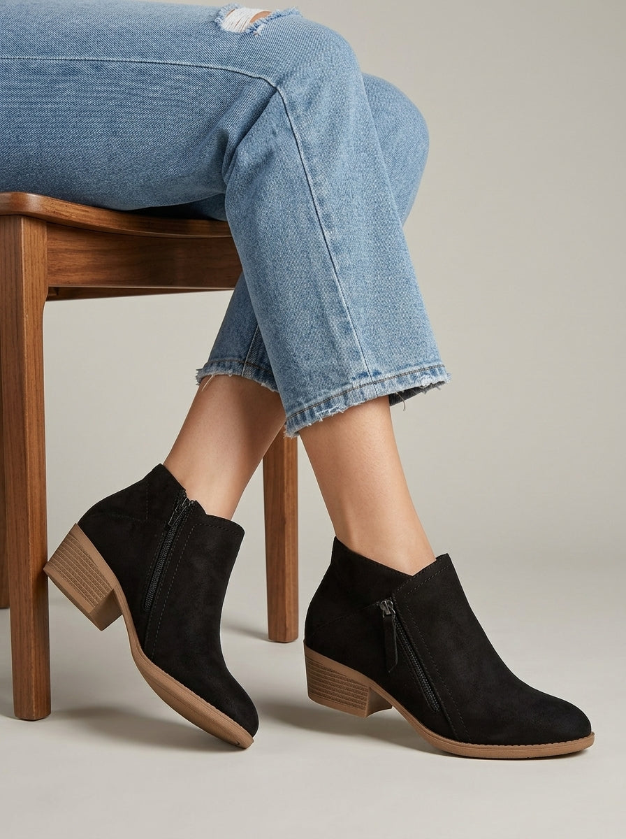 Women's Ankle Boots Low Block Heel Side Zipper Round Toe