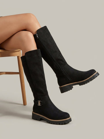 Women's Knee High Boots - Side Zip - Buckle Detail - Lug Sole
