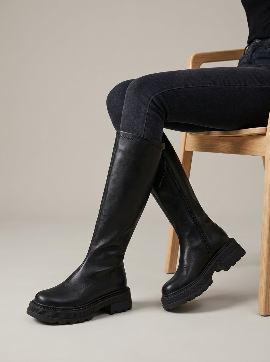 Women's Knee High Boots Platform Sole Back Zip Chunky Lug Sole