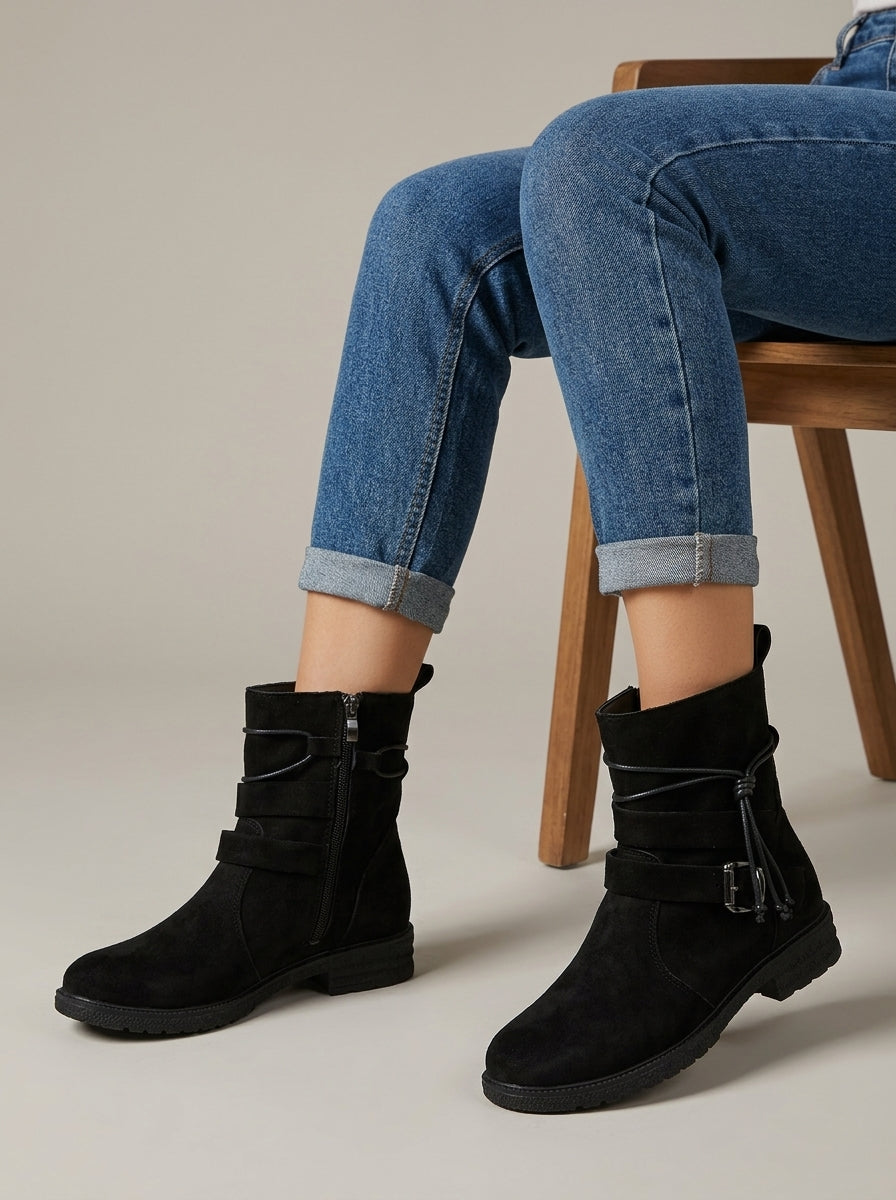 Women's Ankle Boots Side Zip Wrap Strap Tassel Buckle Low Block Heel