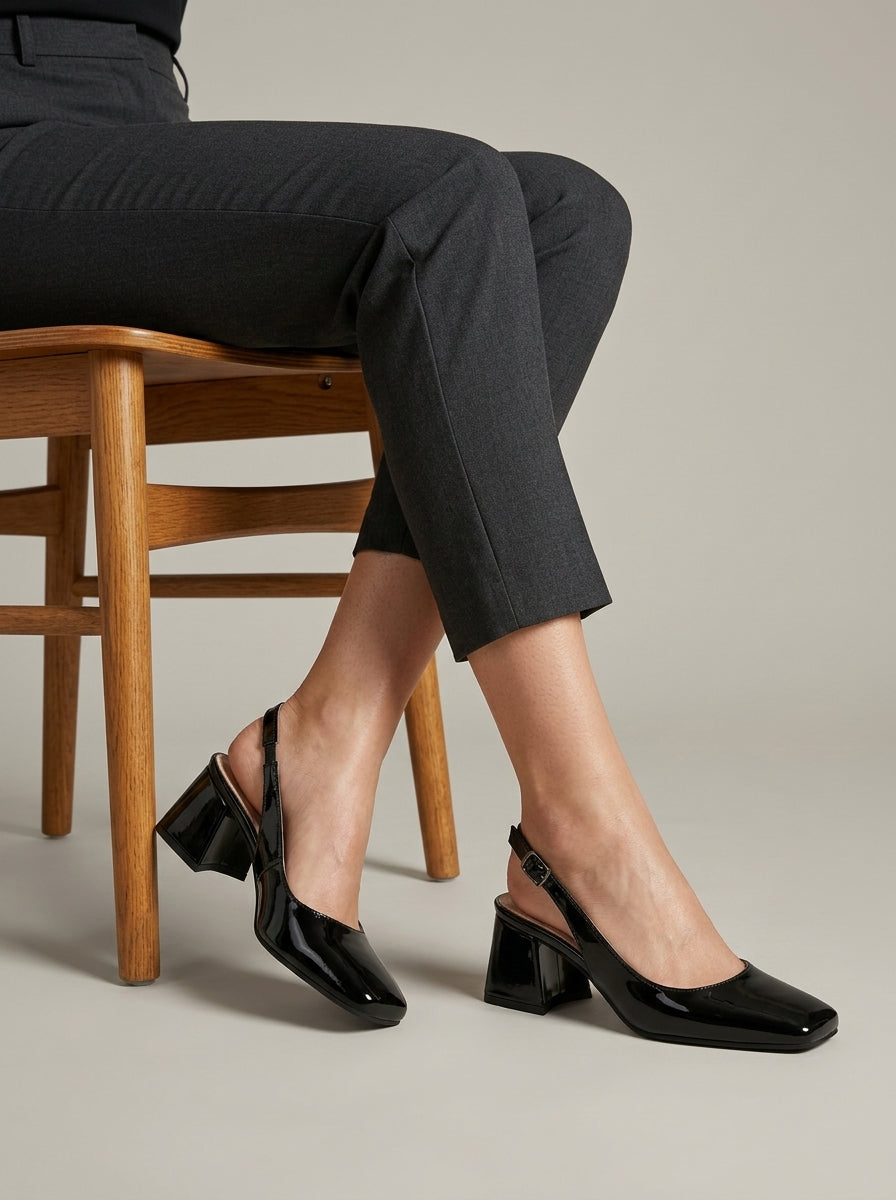 Women's Slingback Heels Patent Square Toe Block Heel