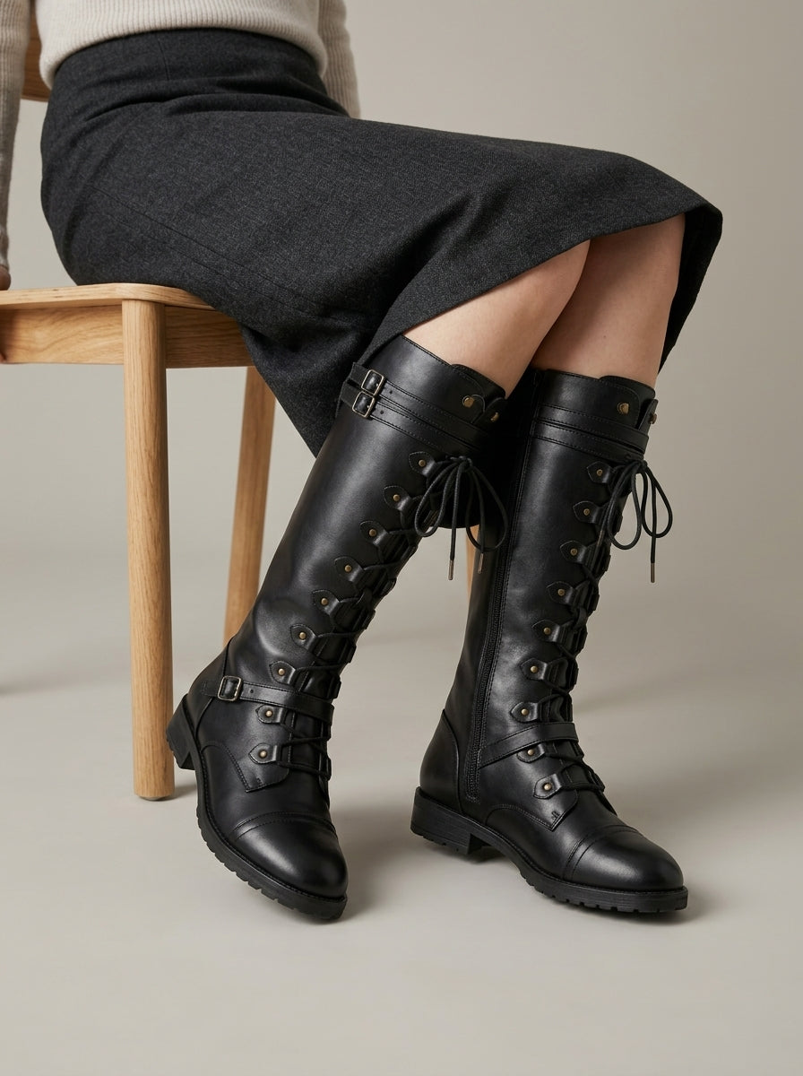 Women's Boots Knee-High Lace-Up Buckle Straps Low Block Heel