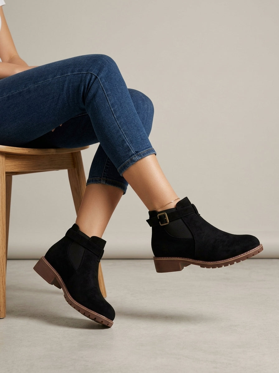 Women's Ankle Boots Chelsea Buckle Strap Suede Block Heel