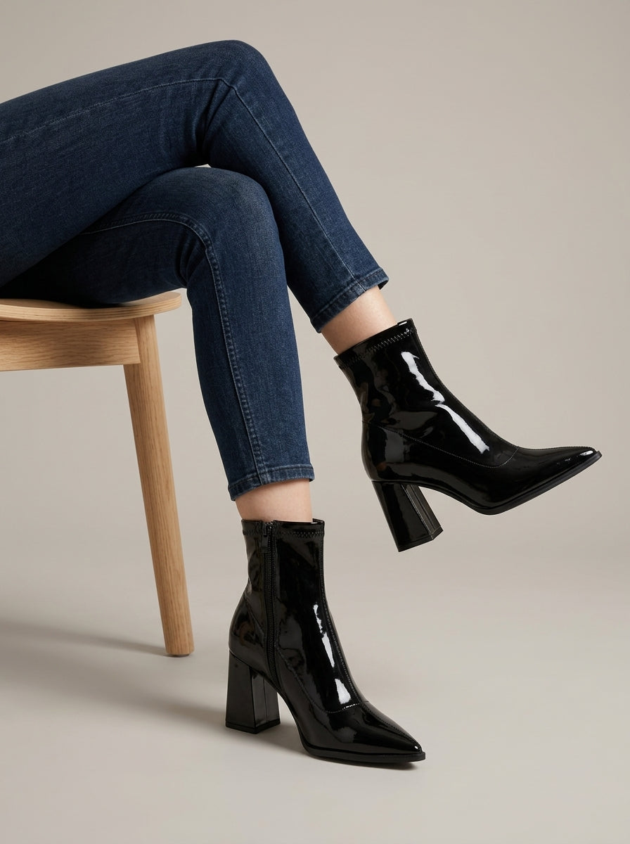 Women's Ankle Boots - Pointed Toe - Block Heel - Side Zip