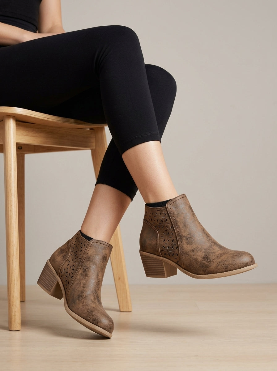 Women's Ankle Boots Block Heel Laser-Cut Side Zip