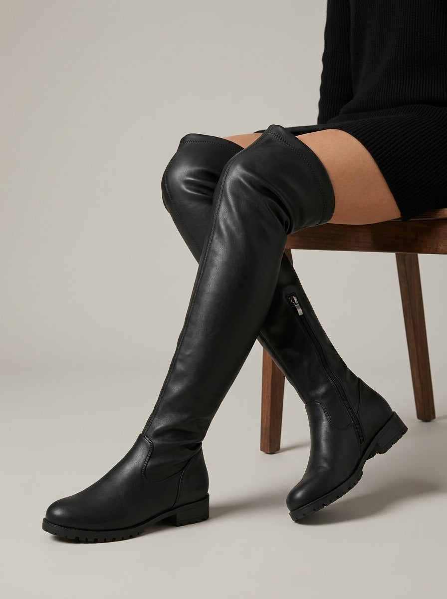 Women's Over-The-Knee Boots - Low Block Heel - Side Zip - Lug Sole