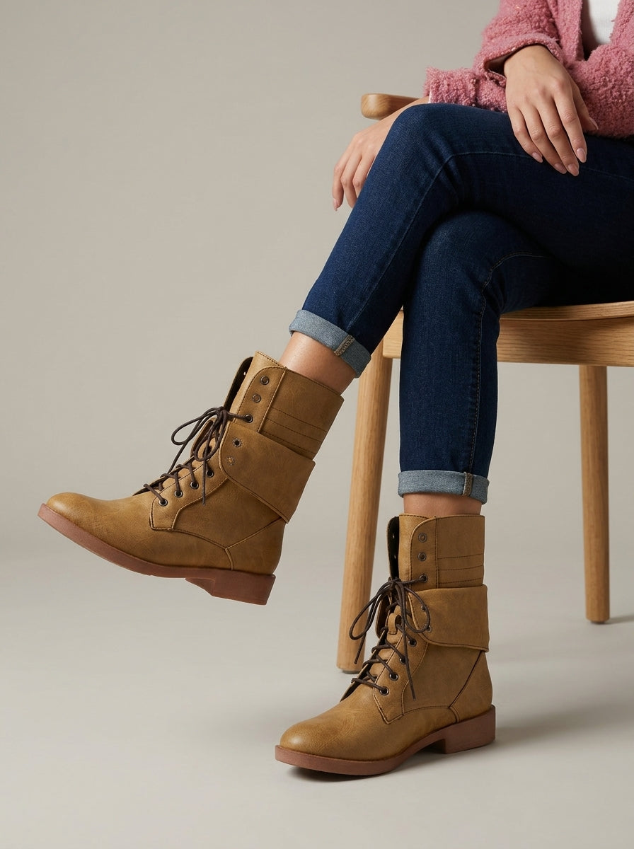 Women’s Vintage Lace Up Combat Boots Fold Over Cuff