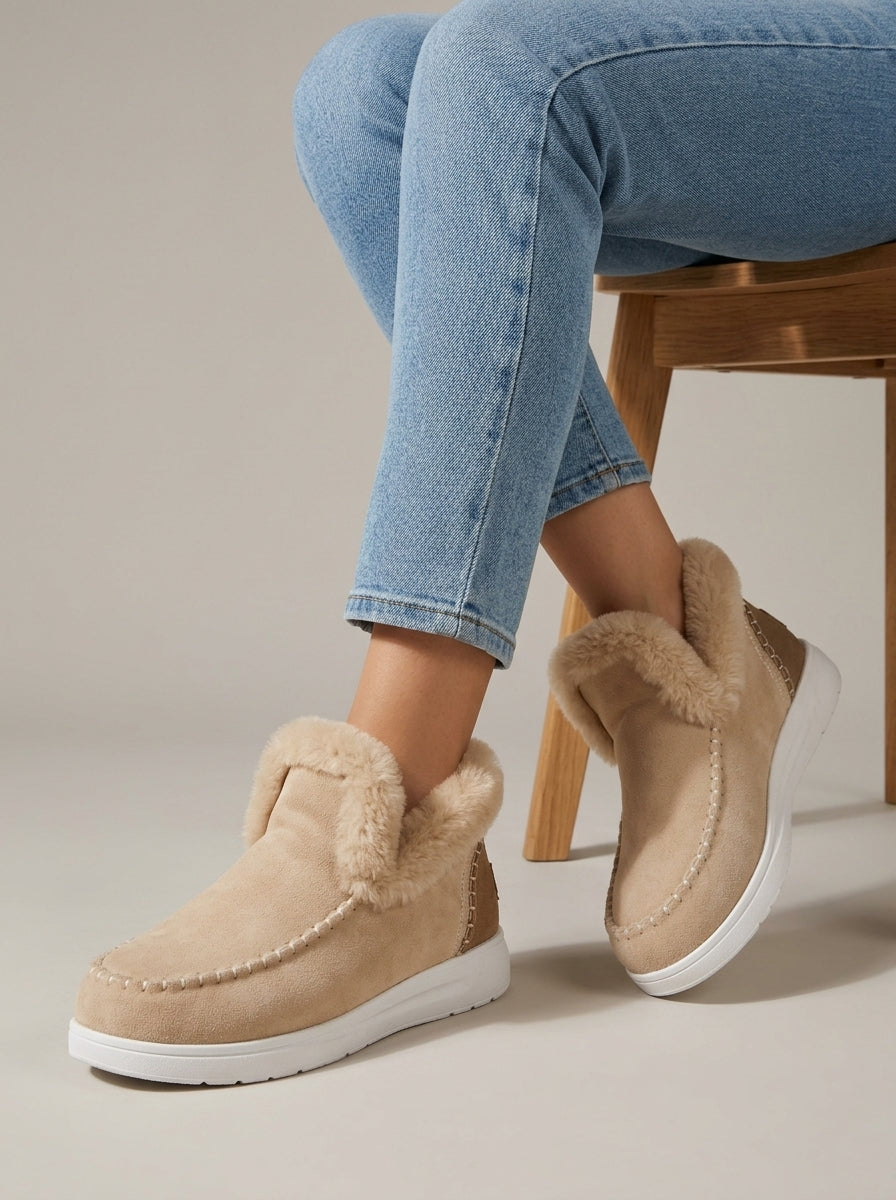 Women's Fur-Trim Ankle Boots with Moc-Toe Stitching and Flat Sole