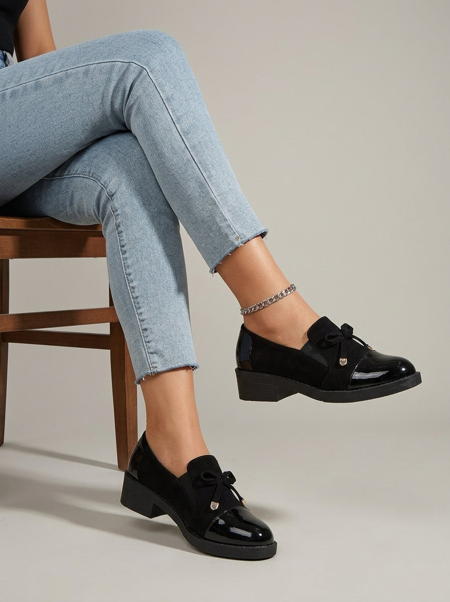 Women's Penny Loafers Block Heel Bow Detail Patent Cap Toe