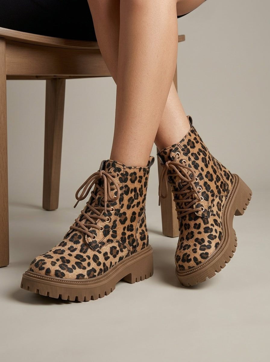 Women's Platform Boots Animal Print Lace-Up Ankle Combat Style