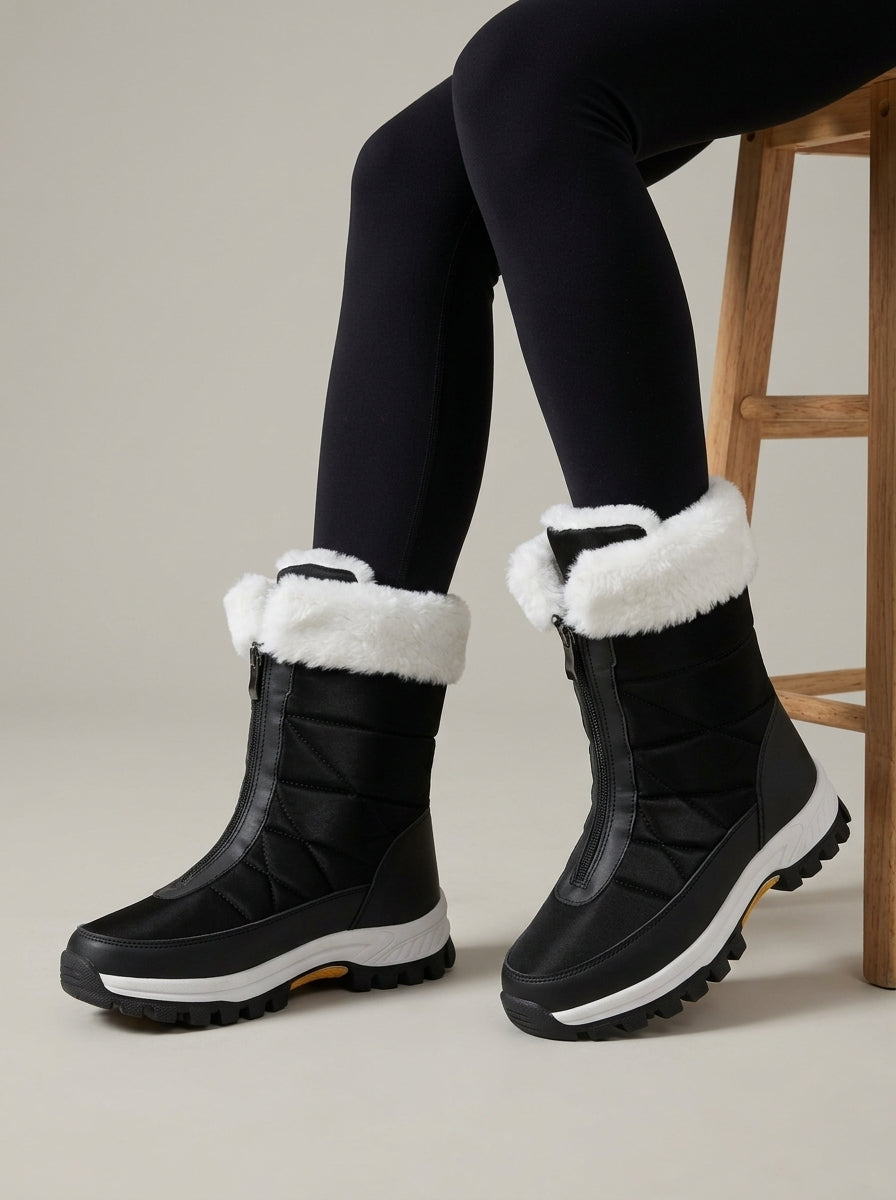 Women's Boots Quilted Faux Fur Trim Front Zip Mid-Calf Winter