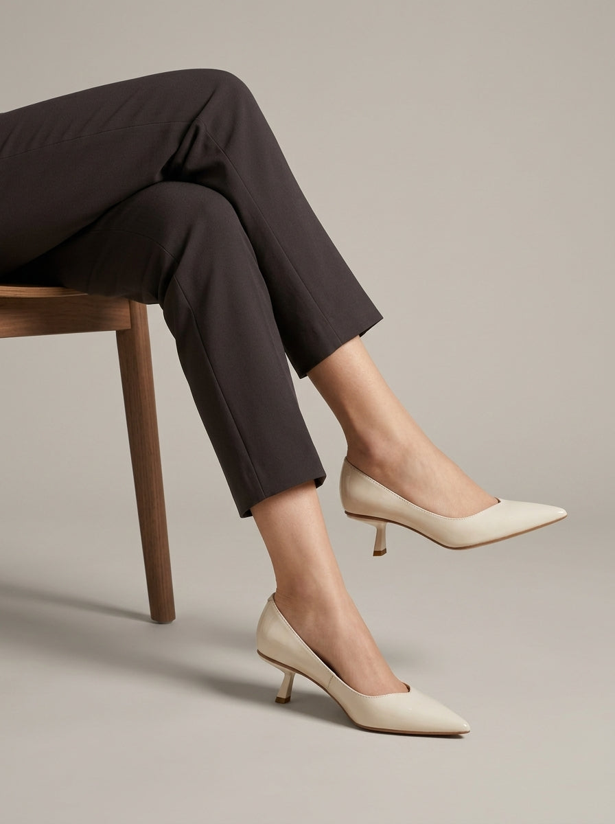 Women's Kitten Heels Pumps Pointed-Toe Low Block Heel Slip-On