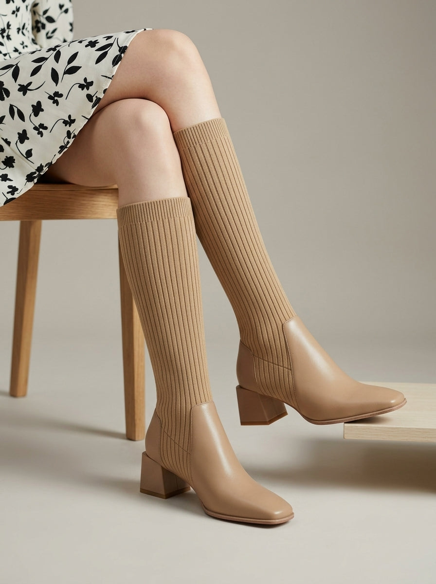 Women's Knee High Boots Stretch Knit Block Heel Sock