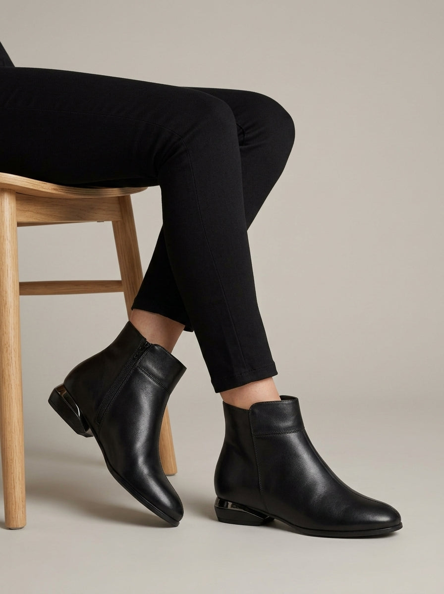Women's Ankle Boots Block Heel Zip Closure Leather Upper