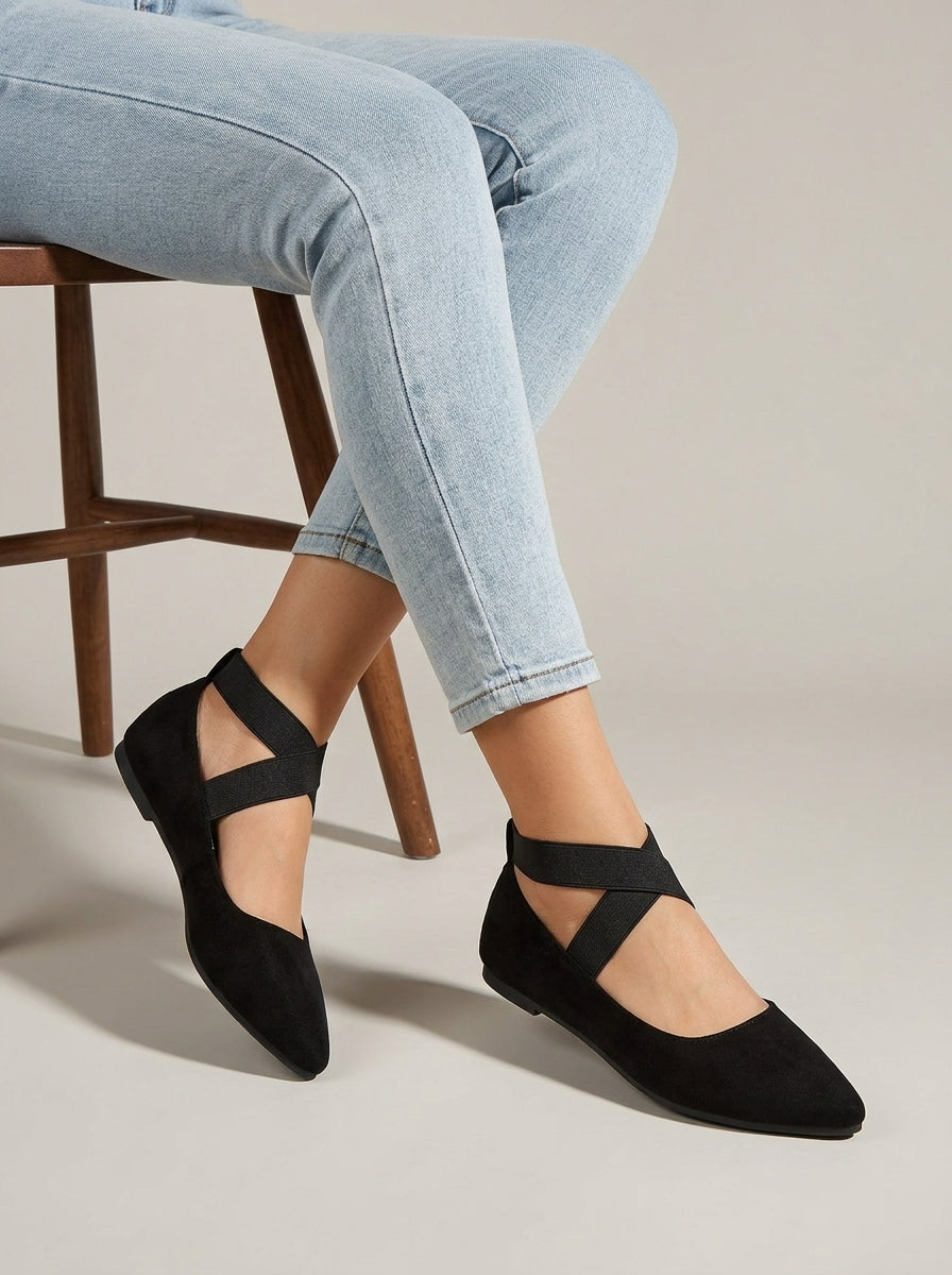 Women's Flats - Pointed Toe - Cross Ankle Strap - Elastic Closure