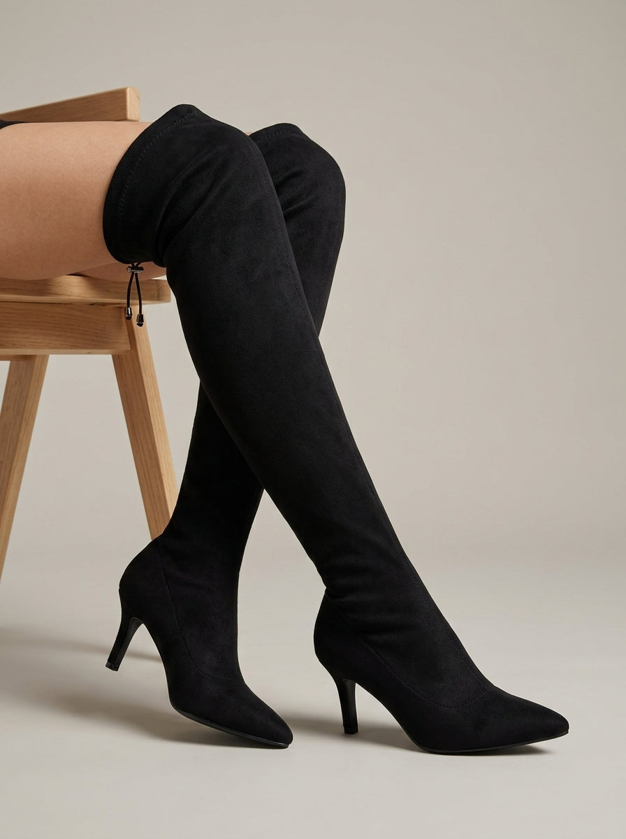 Women's Knee High Boots Pointed Toe Stiletto Heel Drawstring