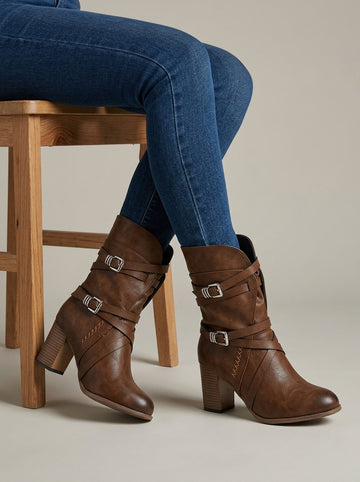 Women’s Mid-Calf Heeled Boots with Double Wrap Buckle Straps