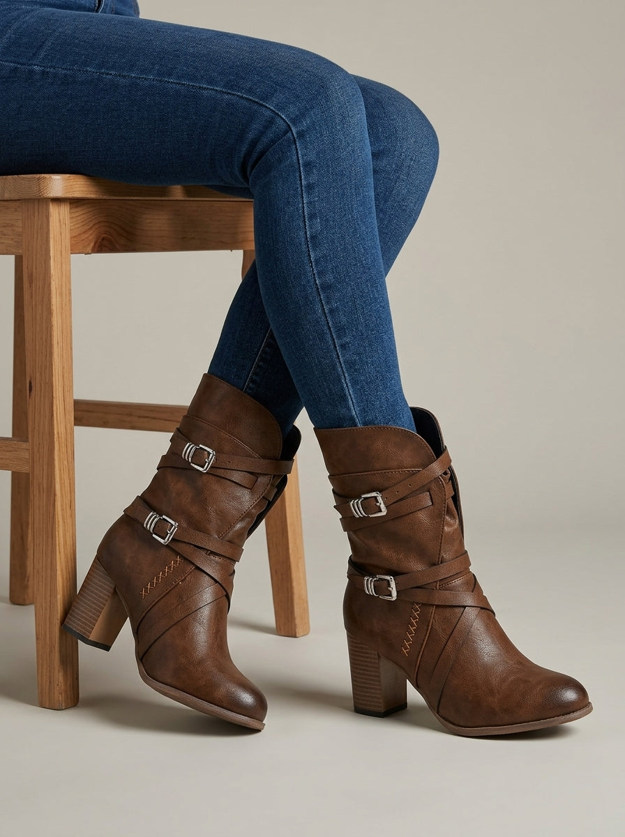 Women’s Mid-Calf Heeled Boots with Double Wrap Buckle Straps