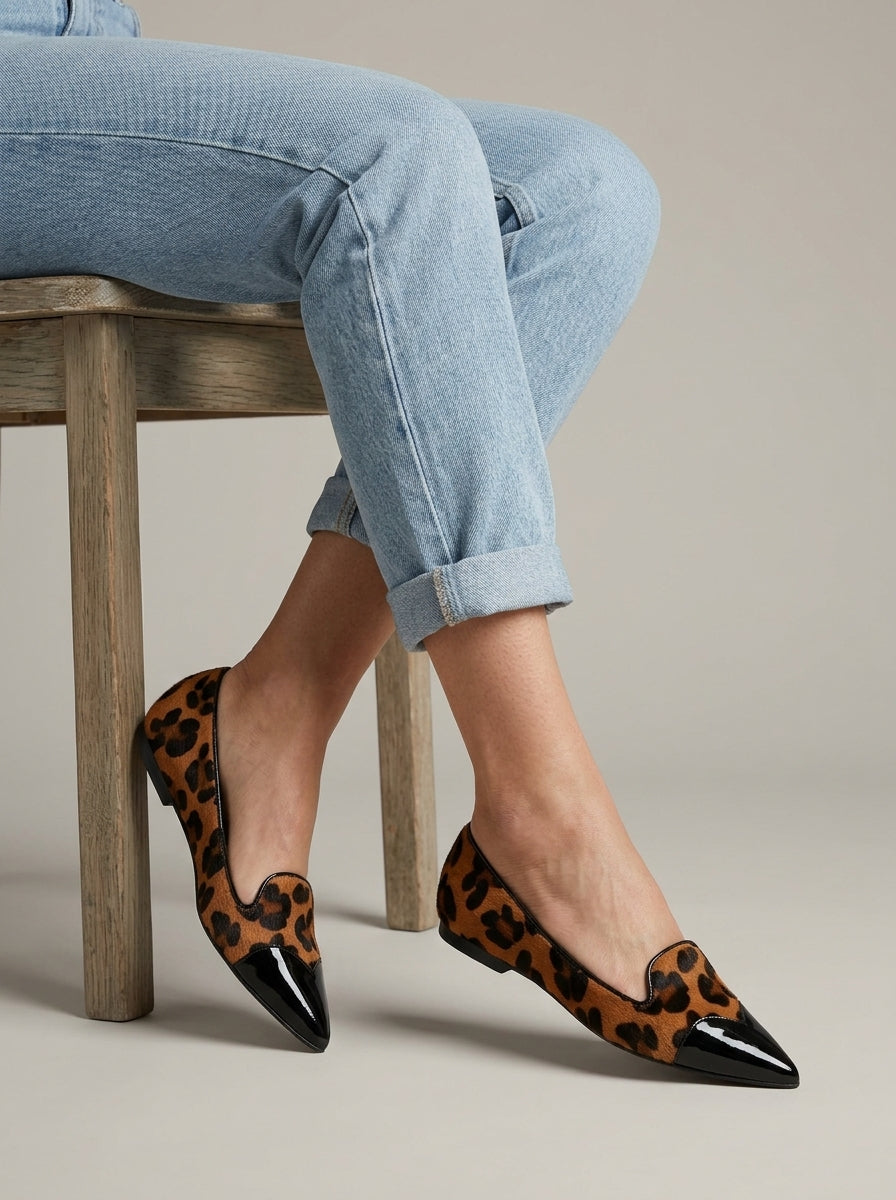 Women's Loafers Pointed Toe Leopard Print Slip-On Patent Cap Toe