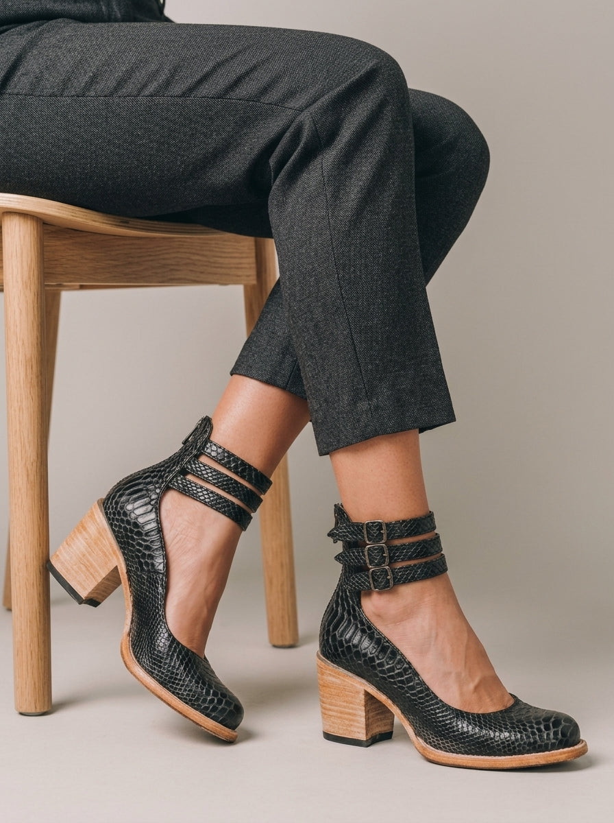 Women's Heels Round Toe Block Heel Buckled Ankle Straps Cut-Out