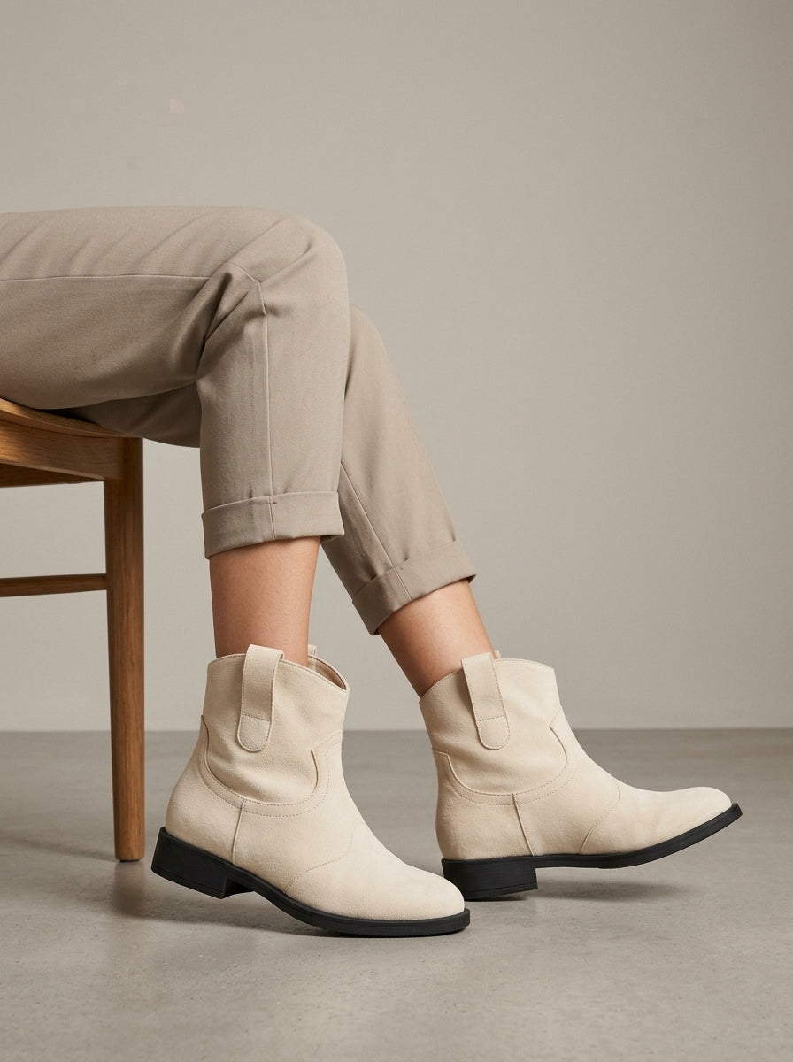 Women's Ankle Boots Suede Block Heel Pull Tab Round Toe Slip-On