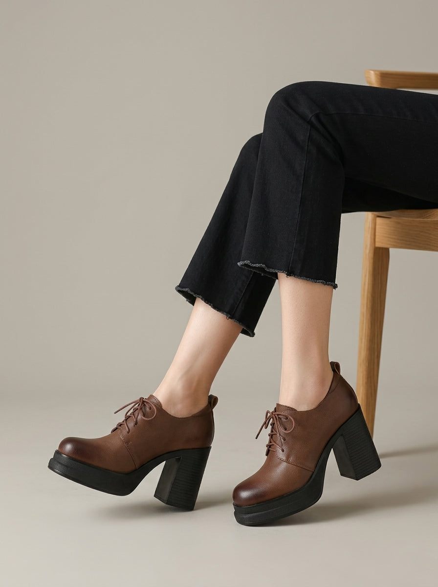 Women's Leather Platform Oxfords with Lace-Up Closure and Block Heel