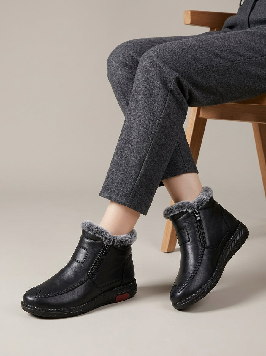 Women's Ankle Boots Faux Fur-Lined Side Zip Flat Sole