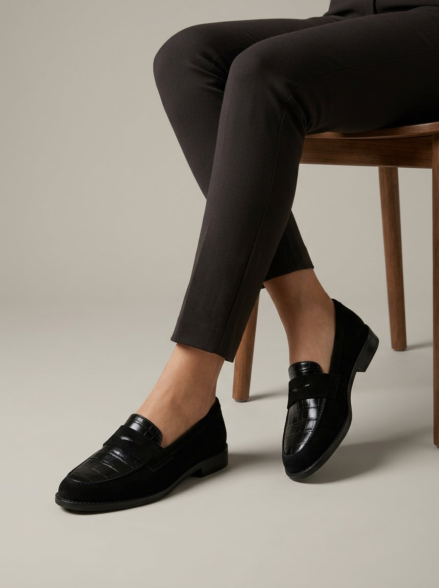 Women's Penny Loafers Slip-On Croc-Embossed Leather Panel Flat