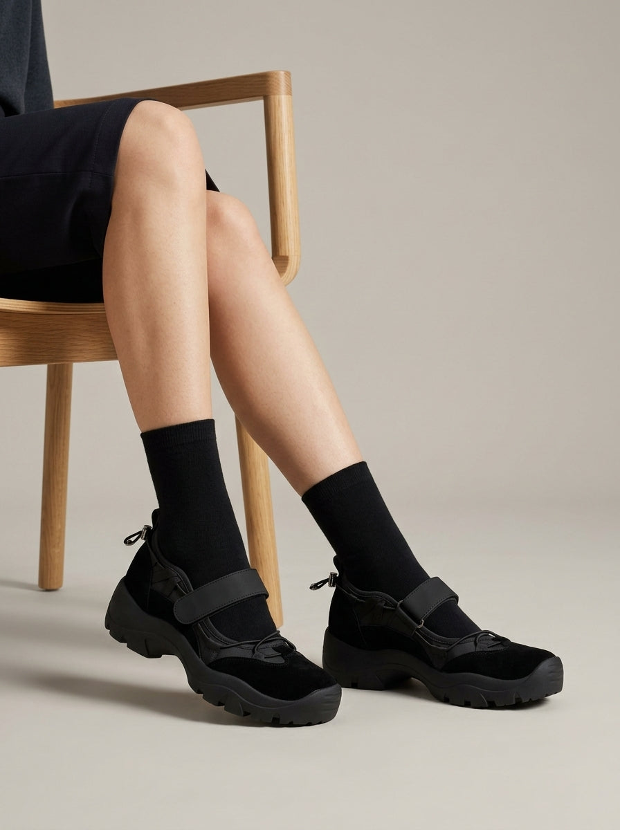Women's Mary Jane Sneakers with Hook-and-Loop Strap and Chunky Sole