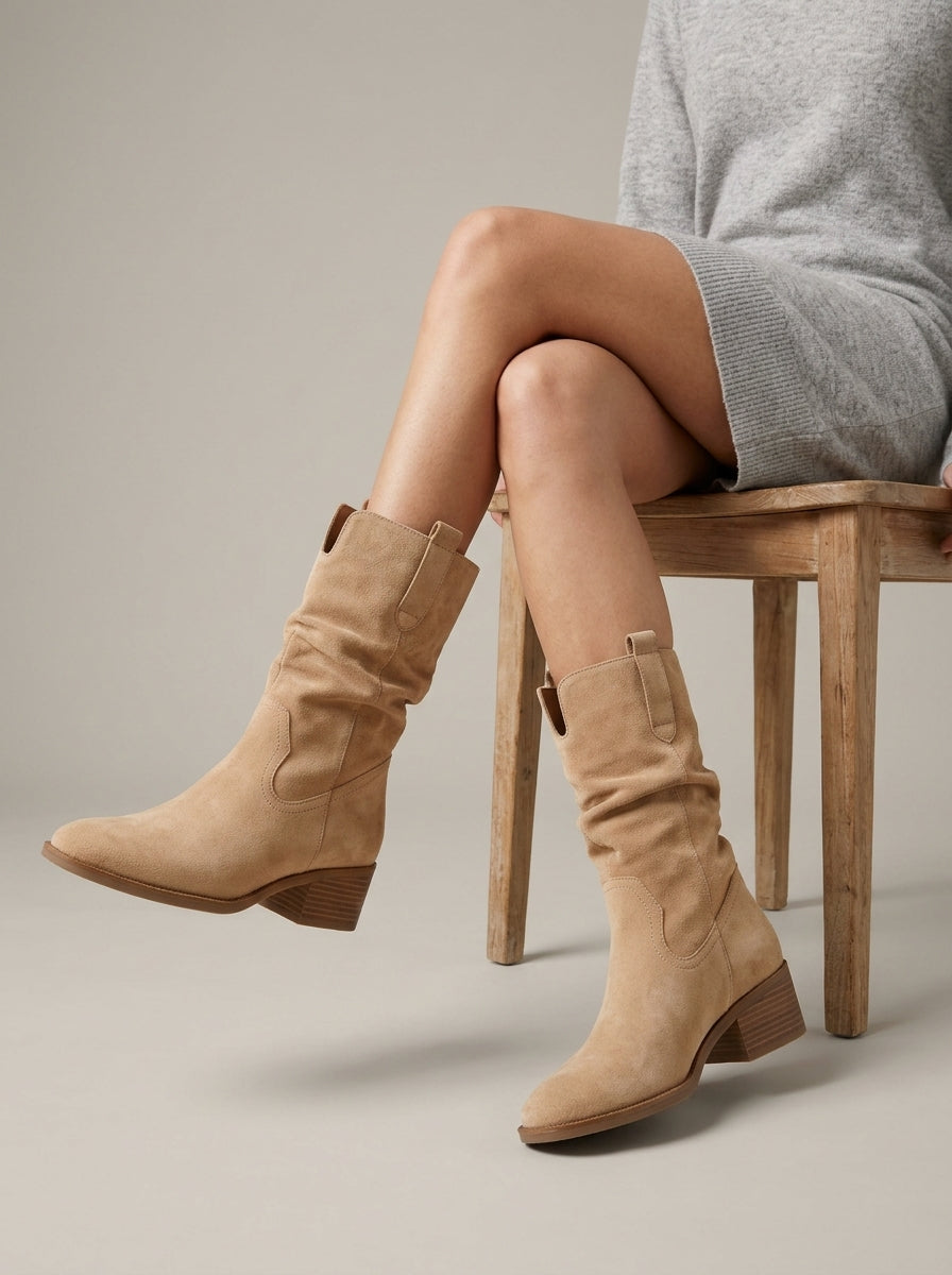 Women’s Suede Slouch Mid Calf Western Boots Block Heel