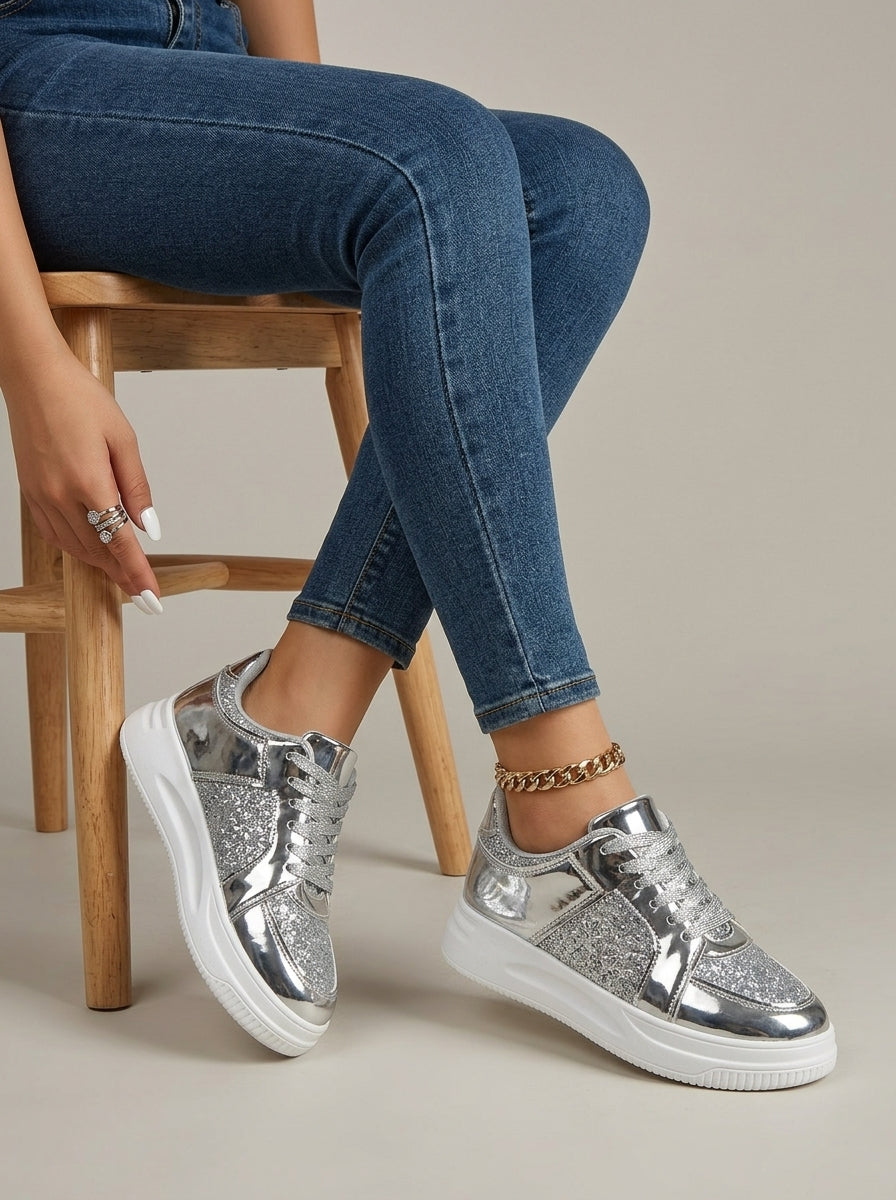 Women's Sneakers Low-Top Platform Glitter Lace-Up Metallic
