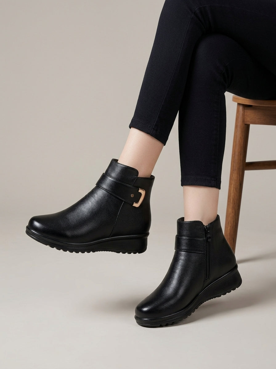 Women's Ankle Boots Fur-Lined Buckle Strap Wedge Sole Side Zip