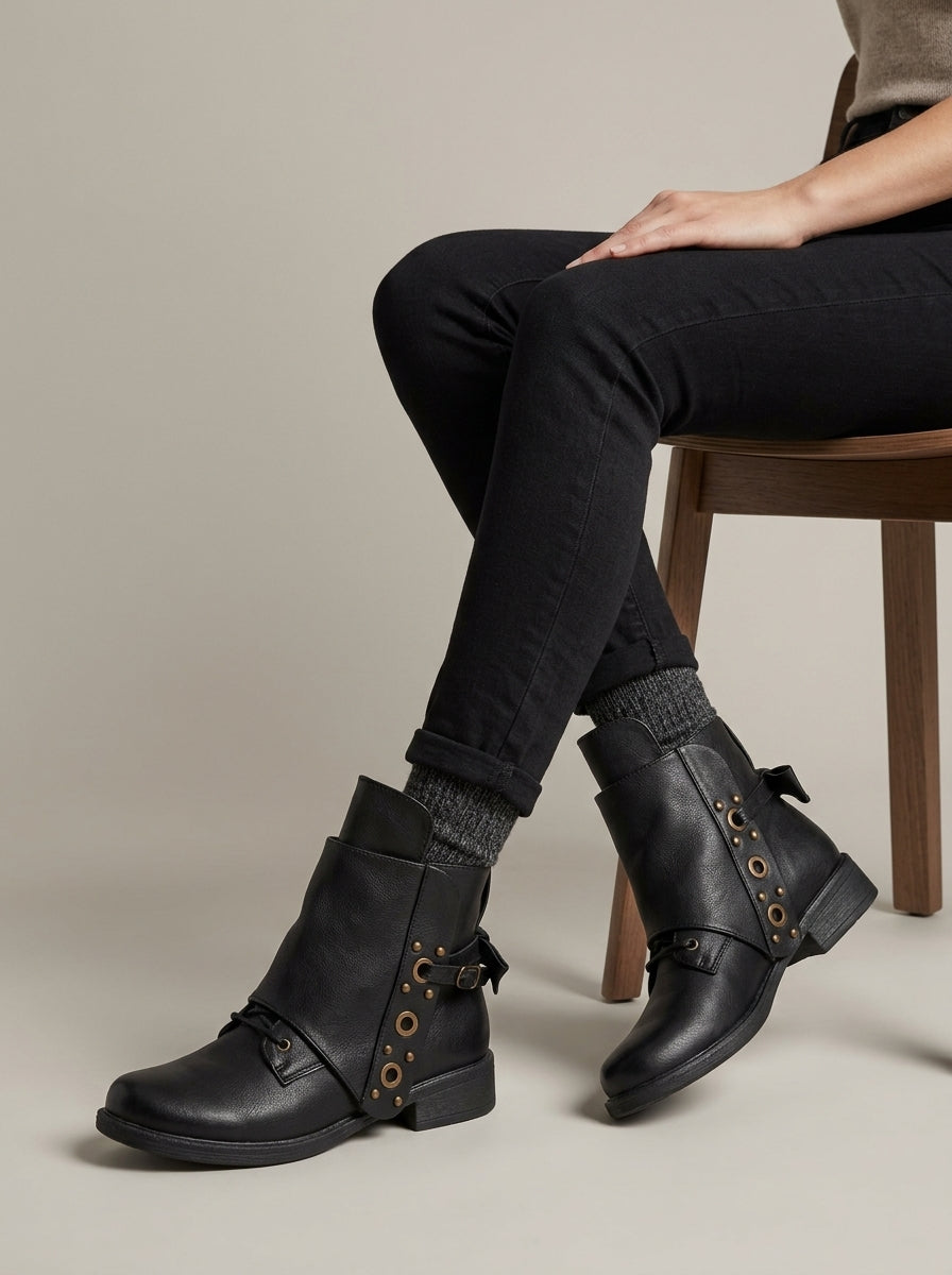 Women's Ankle Boots with Fold-Over Cuff and Grommet Trim