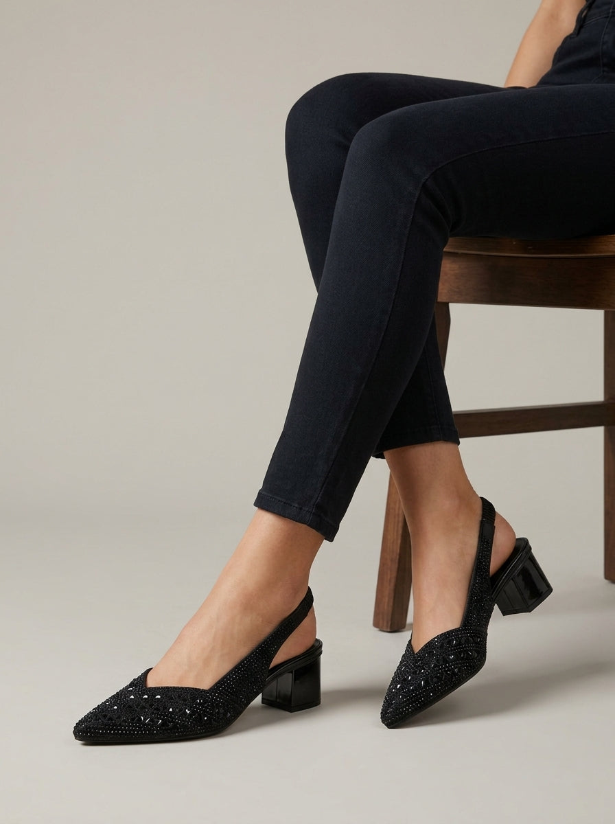Women's Pointed Toe Slingback Pumps with Rhinestone Detail and Block Heel