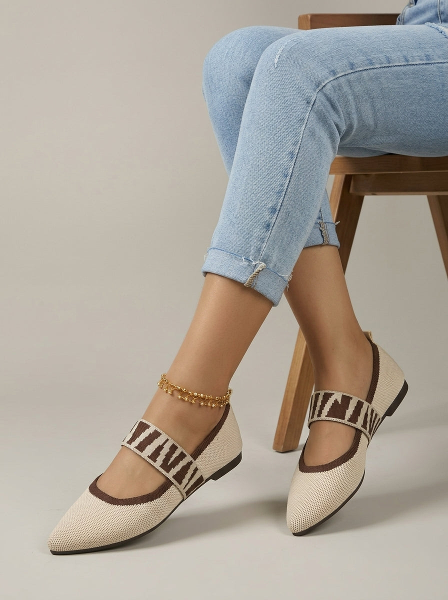 Women's Mary Jane Flats - Pointed Toe - Elastic Letter Strap