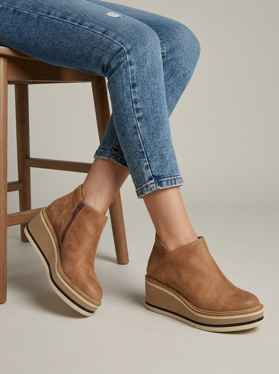 Women's Ankle Boots Platform Wedge Sole Zip Closure Round Toe