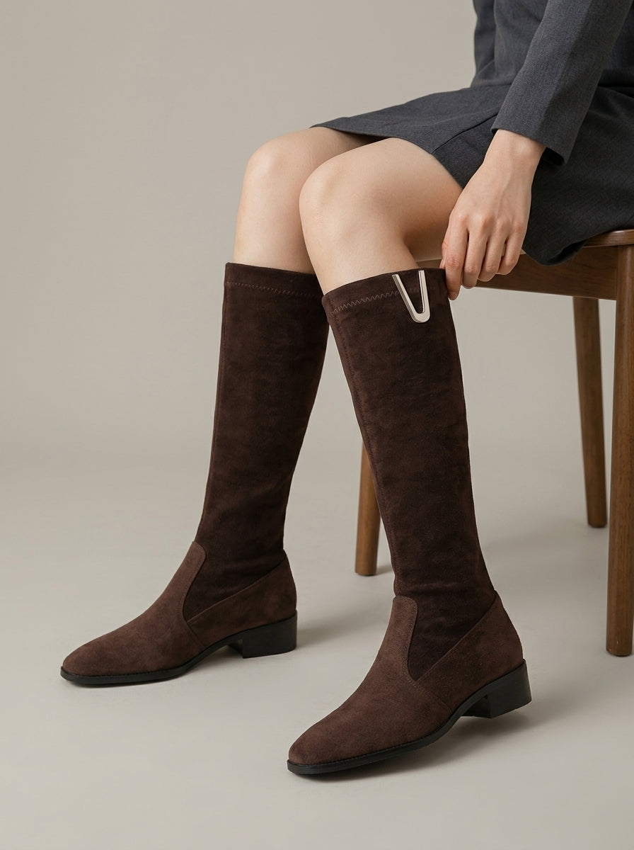 Women's Knee High Boots - Suede - Low Block Heel - Pull-On