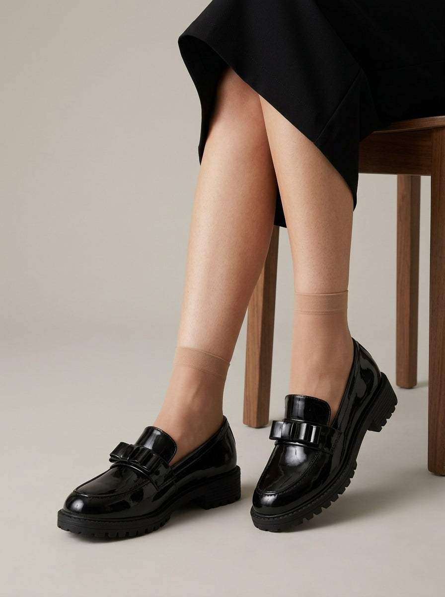 Women's Loafers Round Toe Bow Detail Slip-On Low Heel Lug Sole