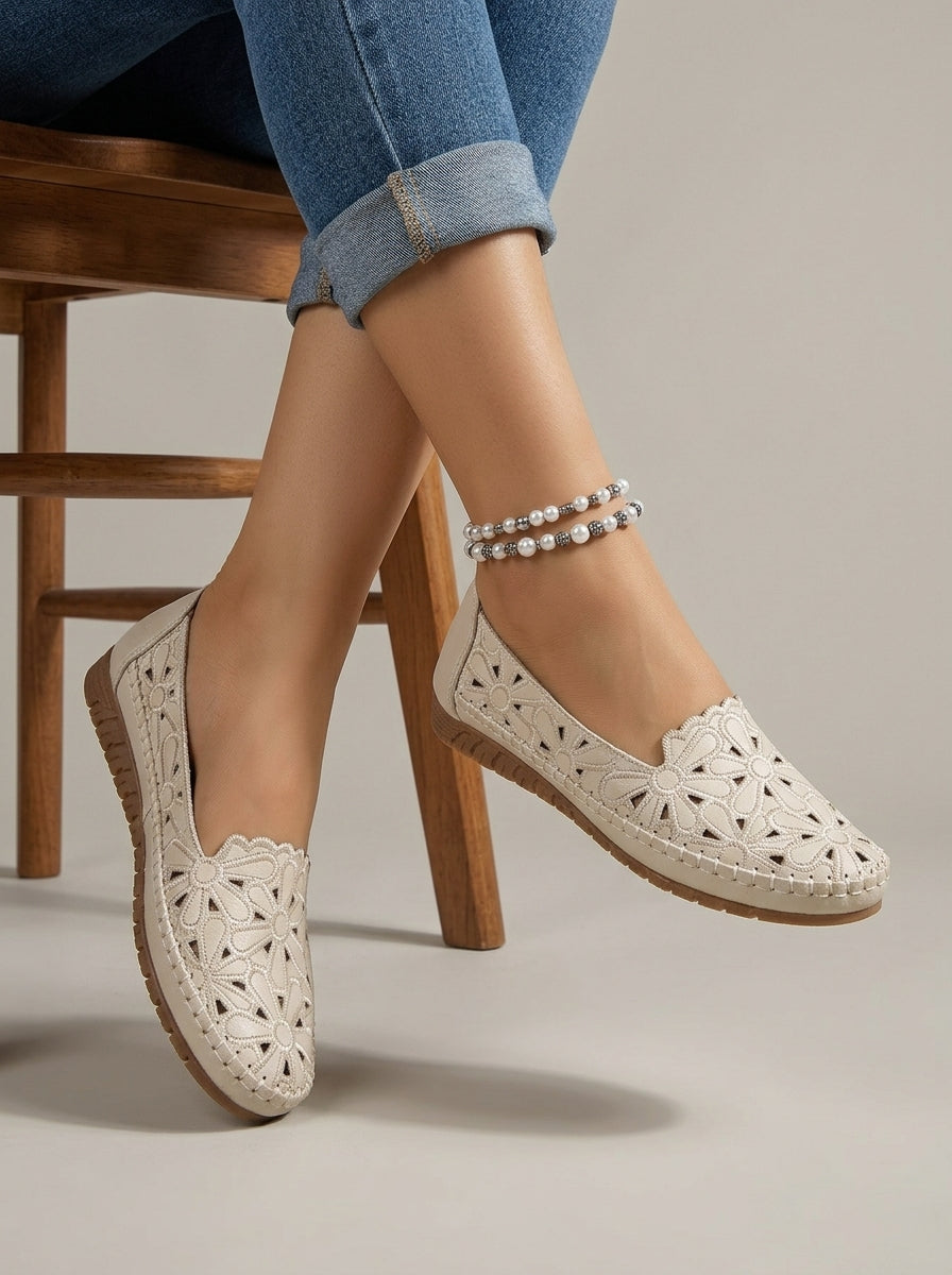 Women's Round Toe Flats with Floral Cutout Detail and Scalloped Edge