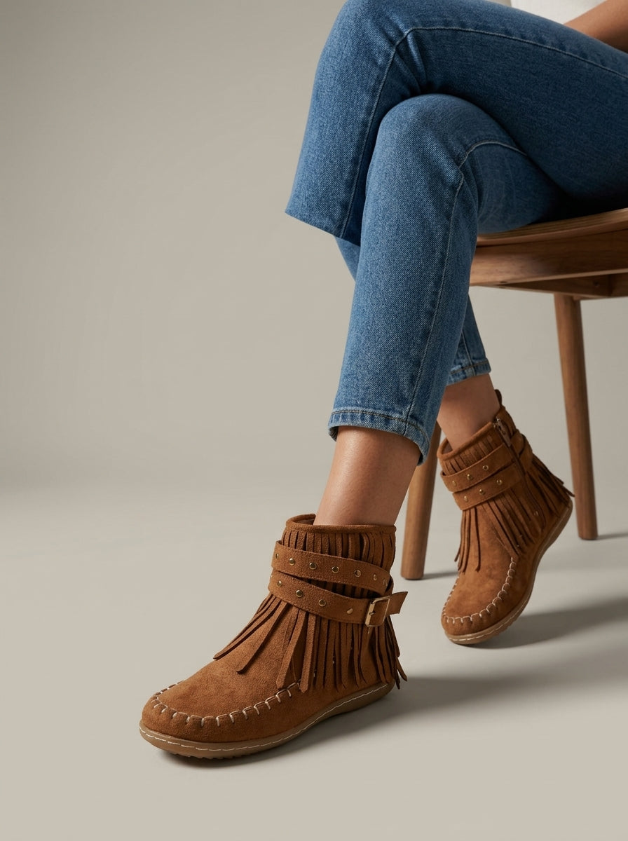 Women's Ankle Boots Fringe Detail Moccasin Toe Buckle Strap