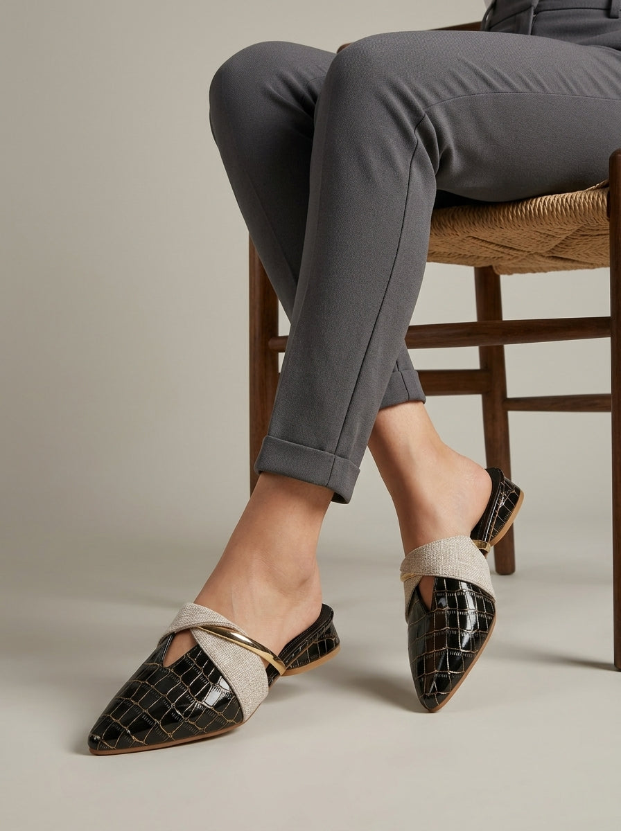 Women's Pointed Toe Mules with Metal Accent Strap and Low Heel
